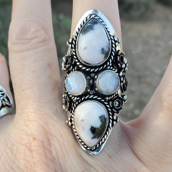 New Zebra Jasper and Rainbow Moonstone 925 Silver Statement Ring. - Picture 12 of 16